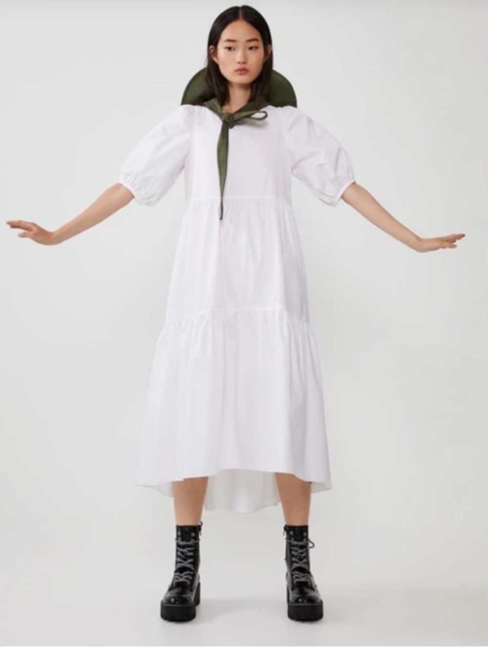 Zara White Cotton Poplin High-Low Tiered Midi Cottagecore Babydoll Dress Size S